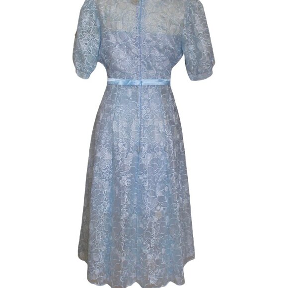 Light blue lace midi dress with tie on neck bow - Picture 4 of 4